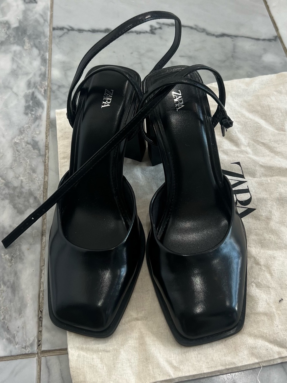 Zara Black Square-Toe Slingback Heels